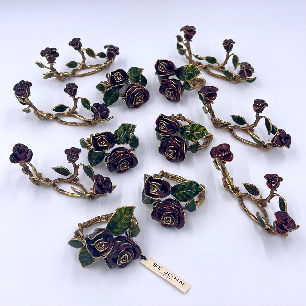 Set/6 St. John 22K Enamel Rose Napkin Rings/Place Card Holders RARE! (SEE NOTES)